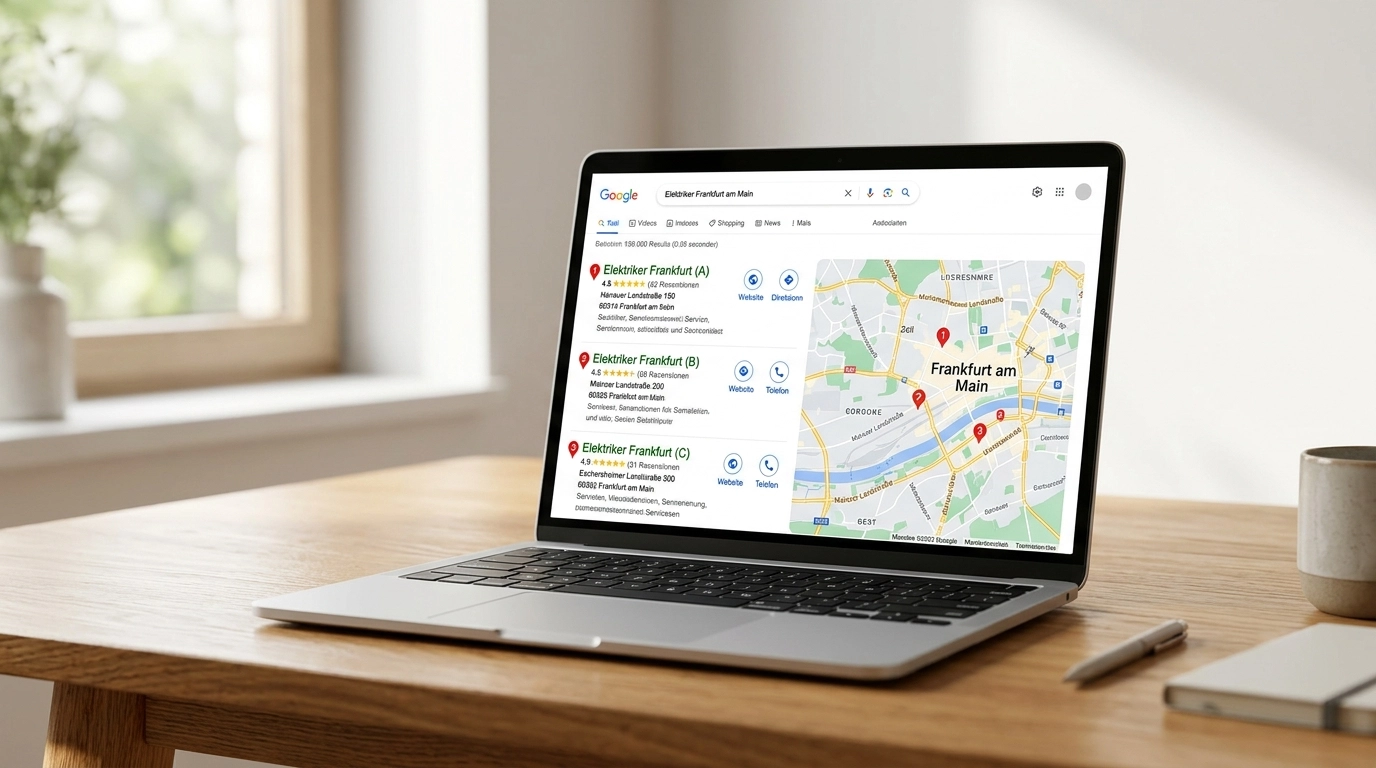 Laptop-Bildschirm zeigt Google-Suchergebnisse mit lokalem Map-Pack f&uuml;r Elektriker-Suche, drei Unternehmen mit Bewertungen und Adressen