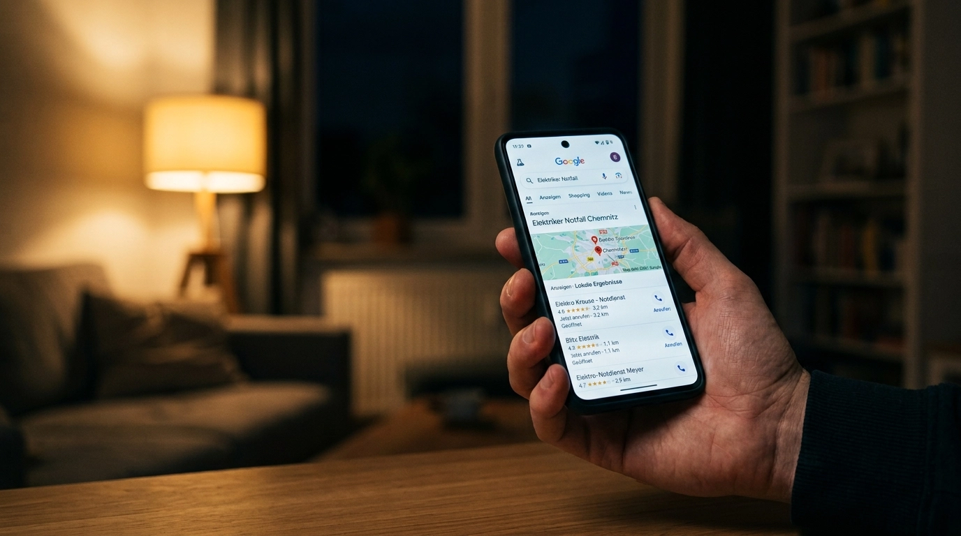 Hand h&auml;lt Smartphone bei schlechtem Licht, auf dem Bildschirm ist eine Google-Suche nach einem Notfall-Elektriker zu sehen