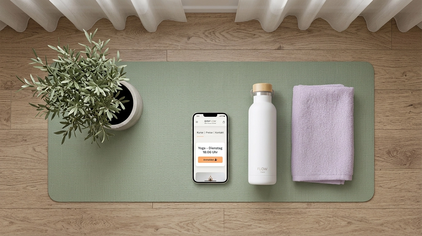 Flat-Lay: Smartphone zeigt eine modern gestaltete Fitnessstudio-Website neben einem Notizbuch und Wasserflasche
