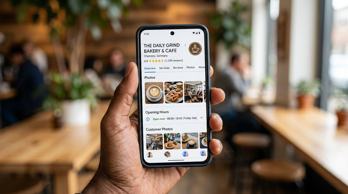 Smartphone zeigt ein vollständig ausgefülltes Google My Business Profil mit Fotos und Sternebewertungen