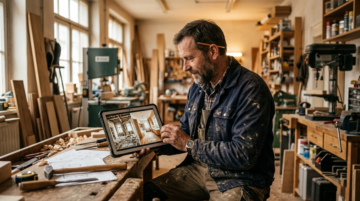 Handwerker zeigt Vorher-Nachher-Fotos einer abgeschlossenen Arbeit auf einem Tablet
