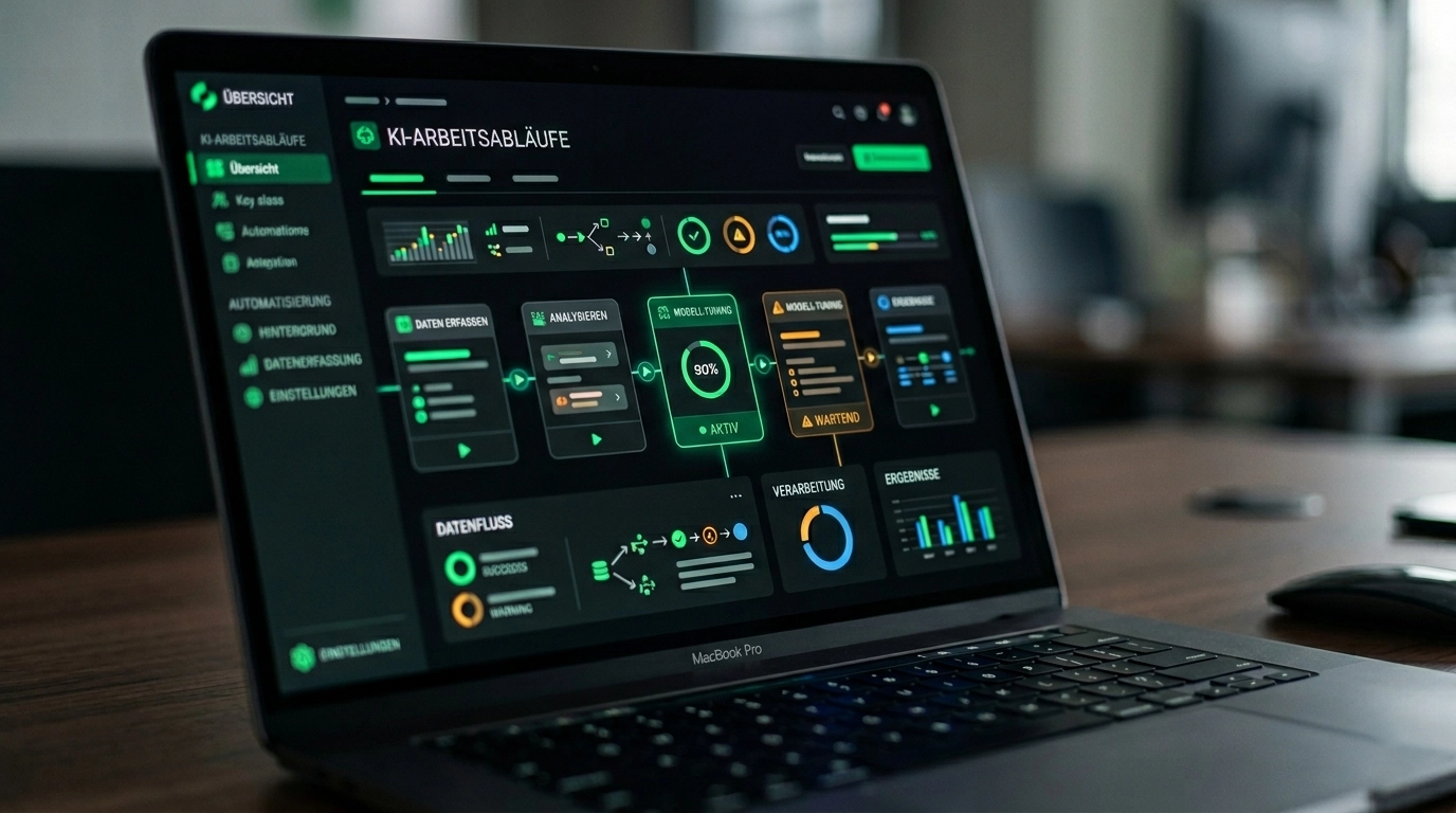 KI-Dashboard eines Unternehmens mit automatisierten Abl&auml;ufen und Kundenkommunikation