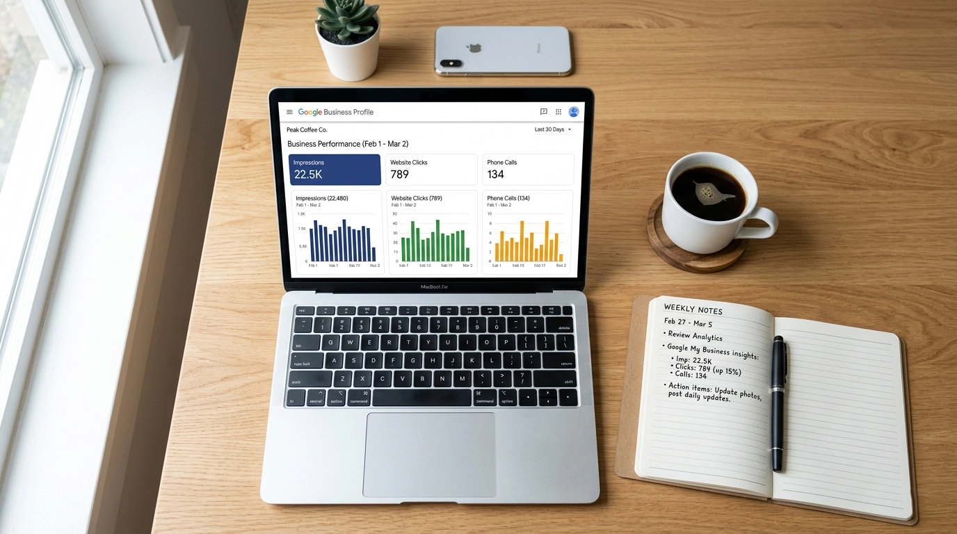 Google Business Insights Dashboard mit Statistiken zu Aufrufen, Klicks und Anrufen eines lokalen Unternehmens