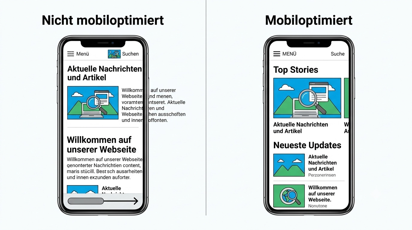 Split-Screen-Vergleich: Links eine schlecht dargestellte Website auf dem Smartphone mit &uuml;berstehendem Text, rechts dieselbe Seite in mobiloptimierter Version