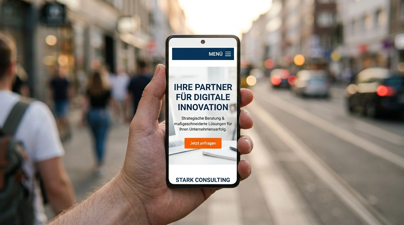 Smartphone zeigt eine professionelle mobile Website eines lokalen Unternehmens mit klarem Men&uuml; und Kontaktbutton