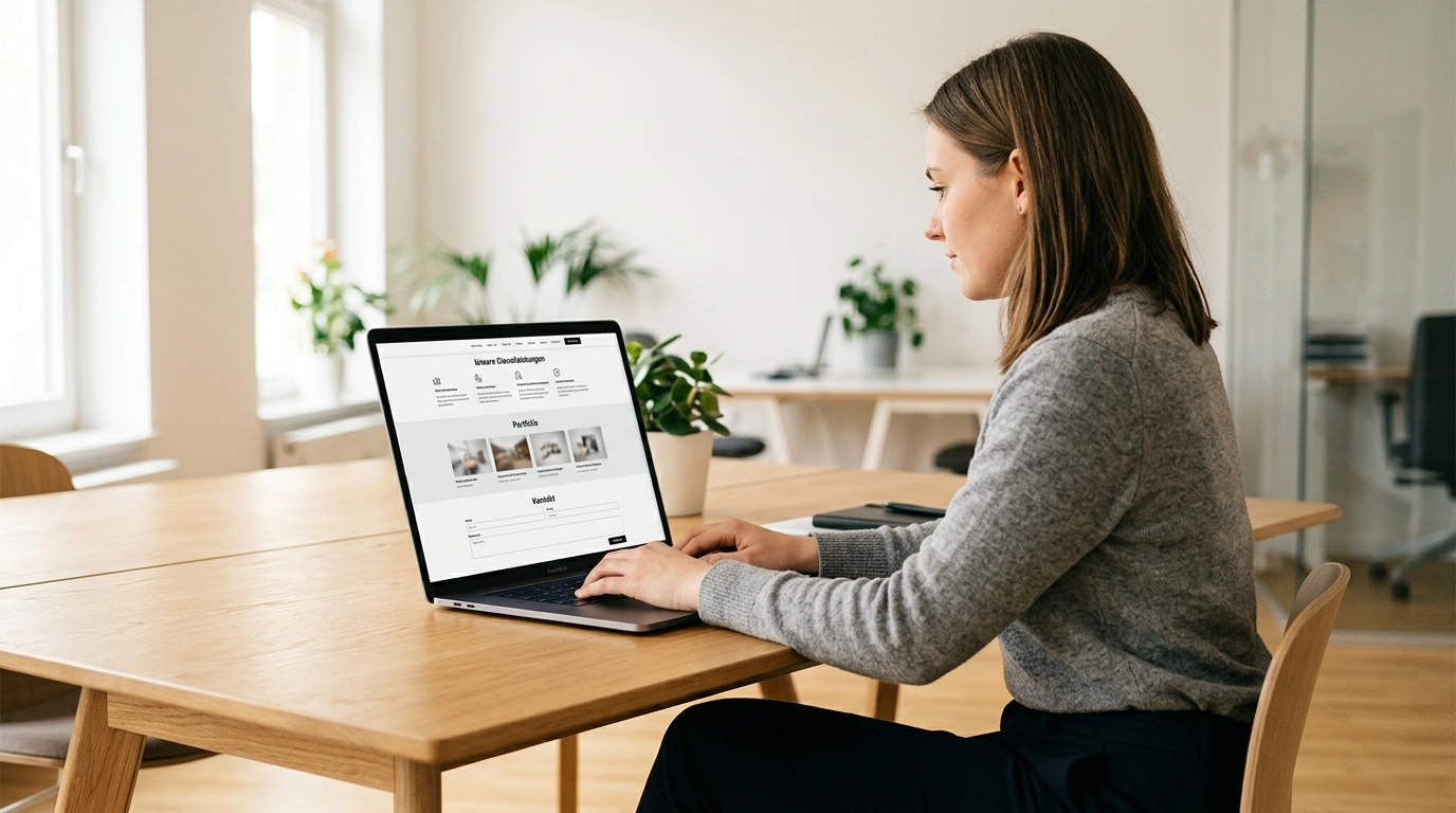 Person am Laptop, die den strukturierten Aufbau eines One-Pagers mit Abschnitten f&uuml;r Leistungen, Portfolio und Kontakt plant