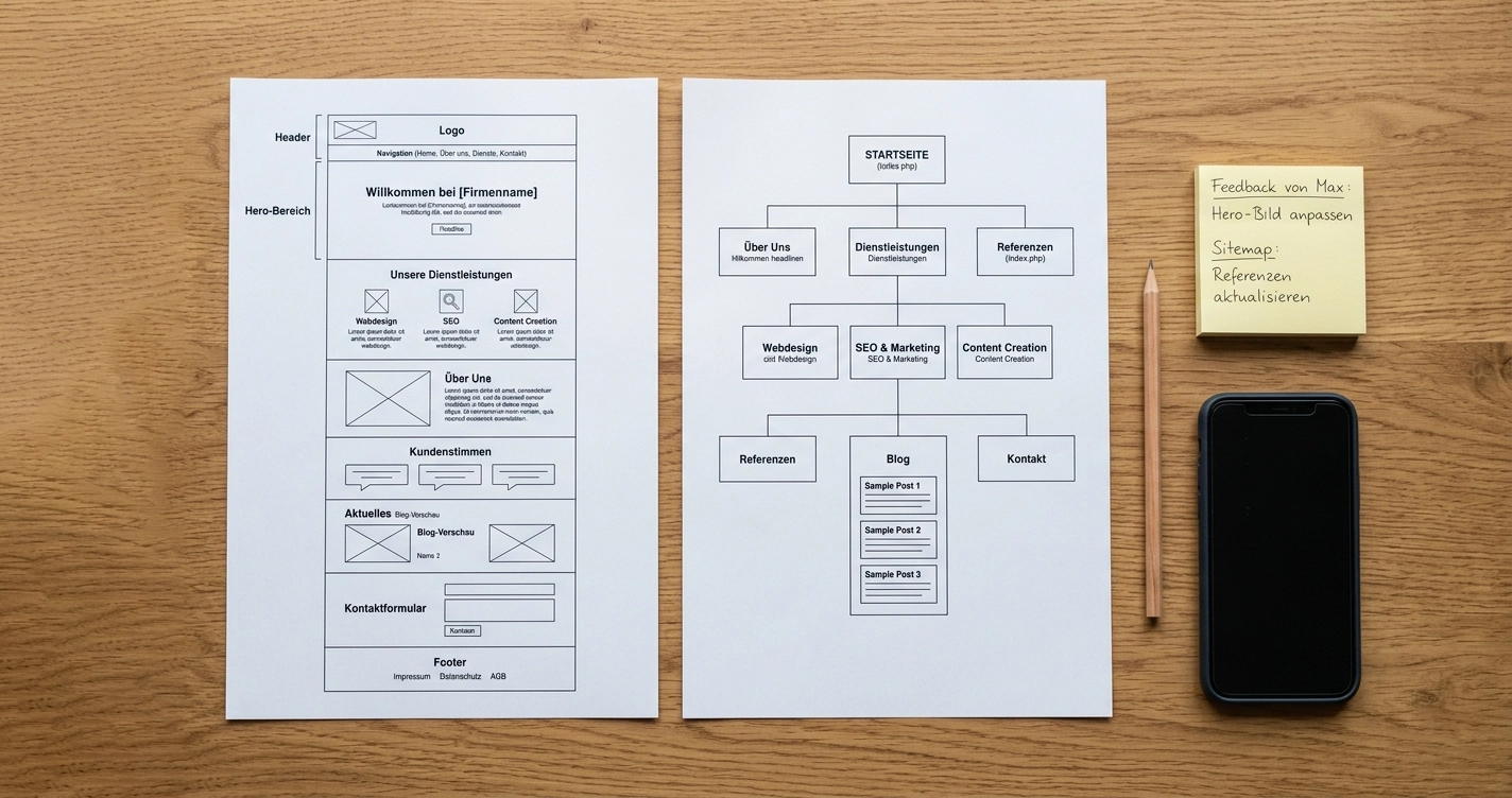 Flat-Lay Vergleich von One-Pager und mehrseitiger Website auf Papierb&ouml;gen und Laptop