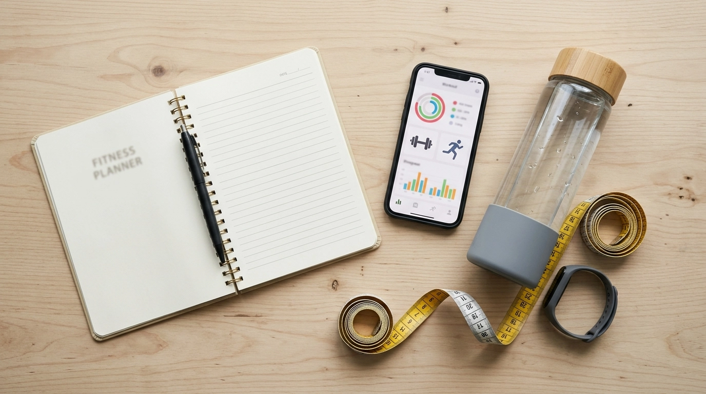 Flat-Lay eines Schreibtisches mit Trainingsplaner, Wasserflasche, Smartphone mit Workout-App und Ma&szlig;band, ordentlich arrangiert