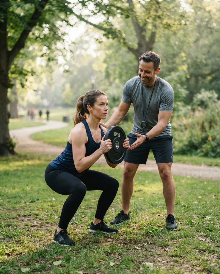 Personal Trainer coacht eine Klientin bei einer Kniebeuge im Freien, nat&uuml;rliches Morgenlicht