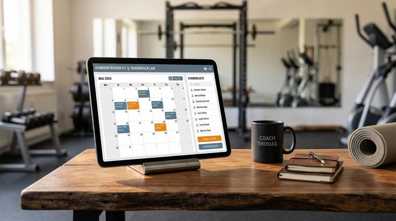 Tablet zeigt digitalen Kalender mit Trainingsterminen und Kundenverwaltung eines Personal Trainers auf einem Holztisch im Fitnessstudio