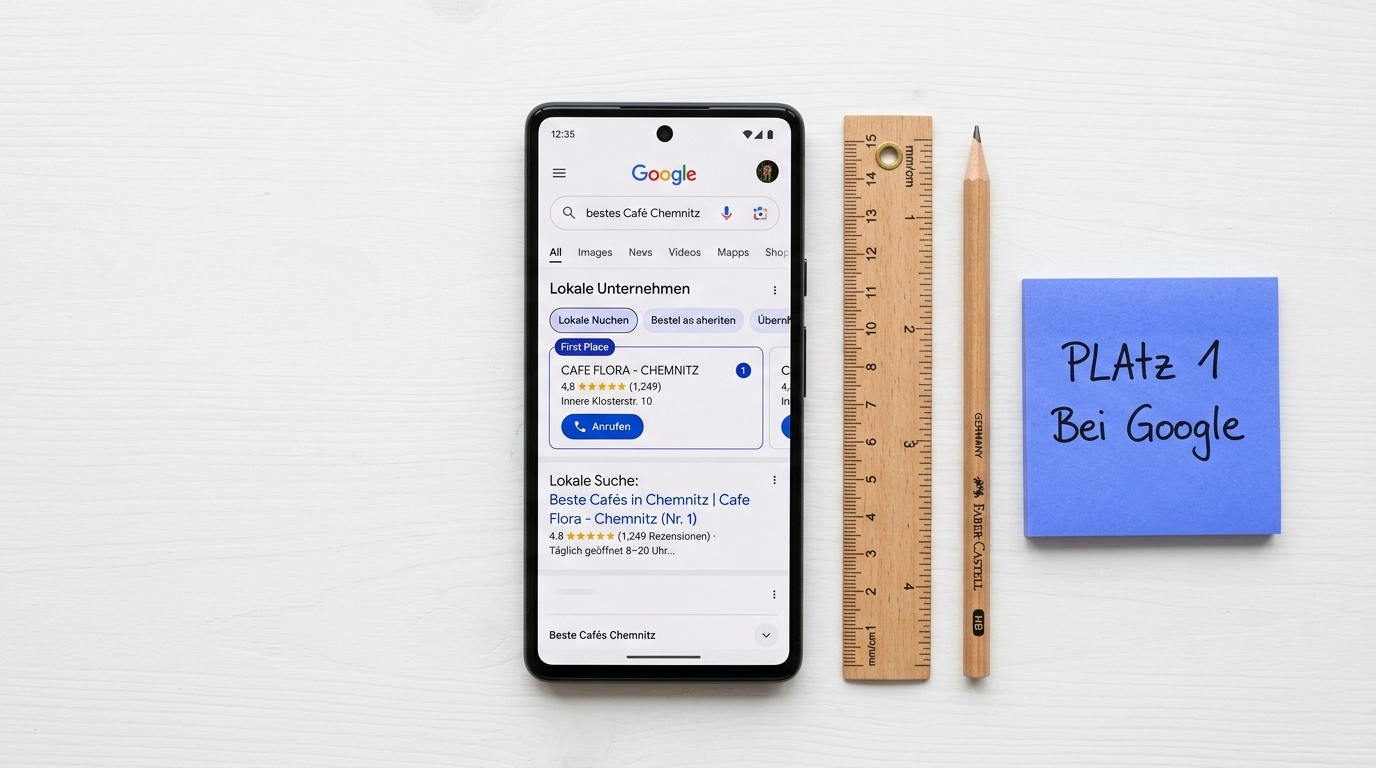 Smartphone zeigt Google-Suchergebnisse für lokale Dienstleister mit Website-Treffern