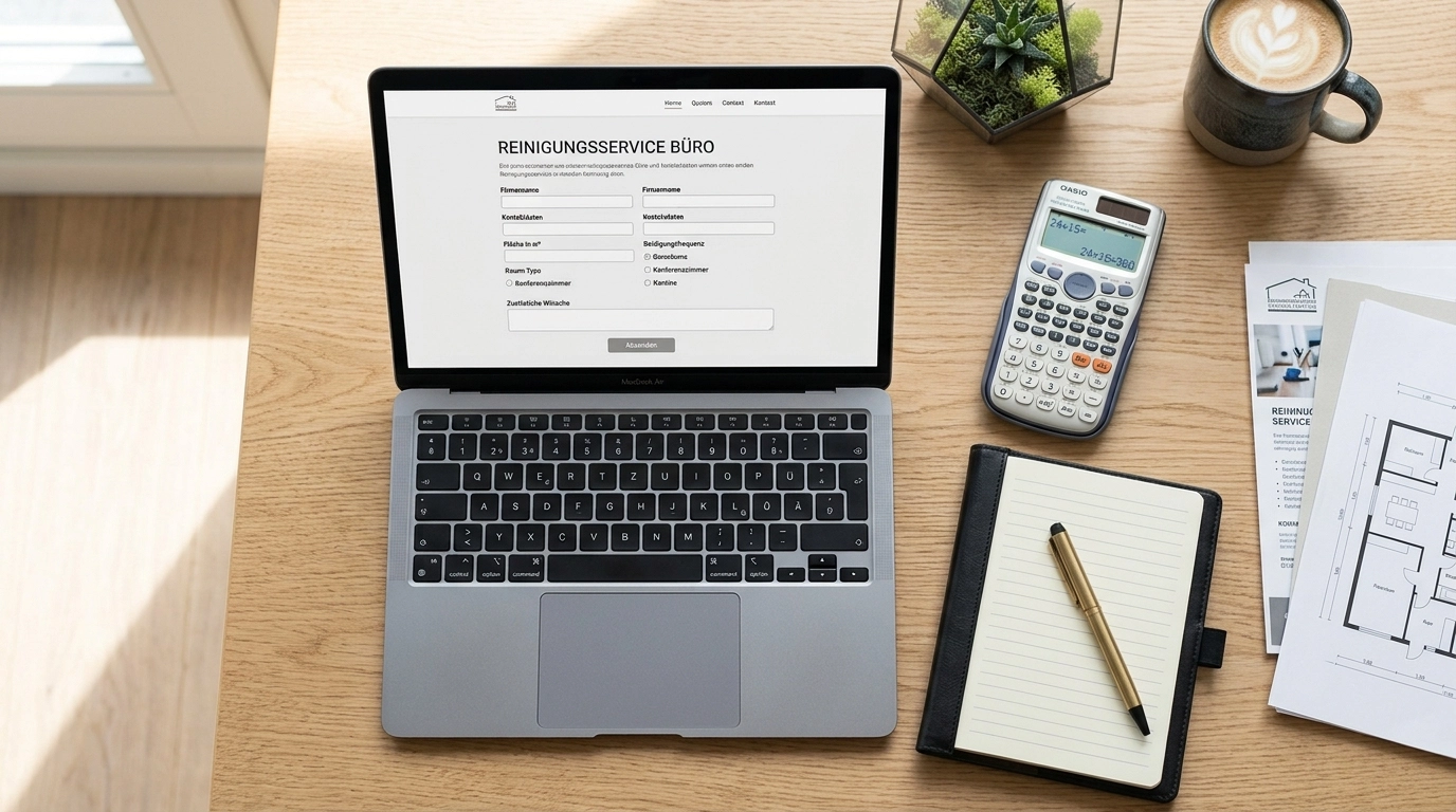 Flat-Lay-Darstellung eines Schreibtisches mit Notizblock, Taschenrechner und Laptop, auf dem ein Angebotsformular f&uuml;r eine Geb&auml;udereinigung ausgef&uuml;llt wird