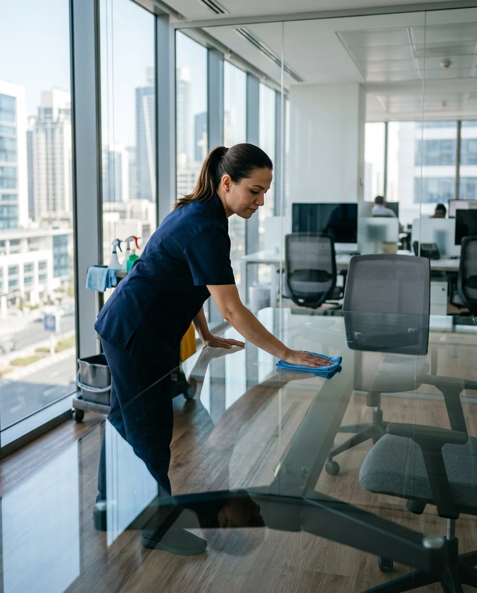 Reinigungskraft wischt konzentriert einen gro&szlig;en Glastisch in einem hellen, modernen B&uuml;ro