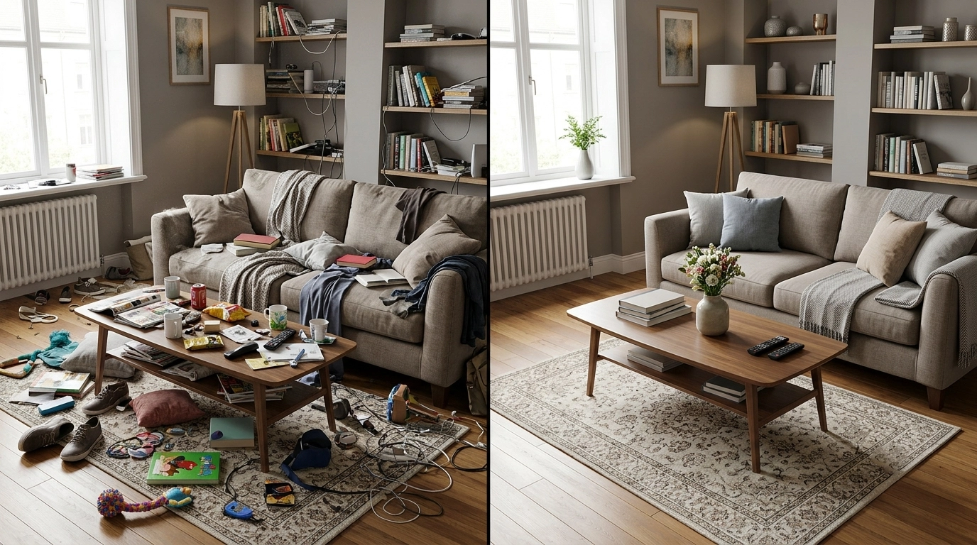 Split-Screen-Darstellung eines unaufger&auml;umten Wohnzimmers links und desselben Raumes makellos gereinigt rechts