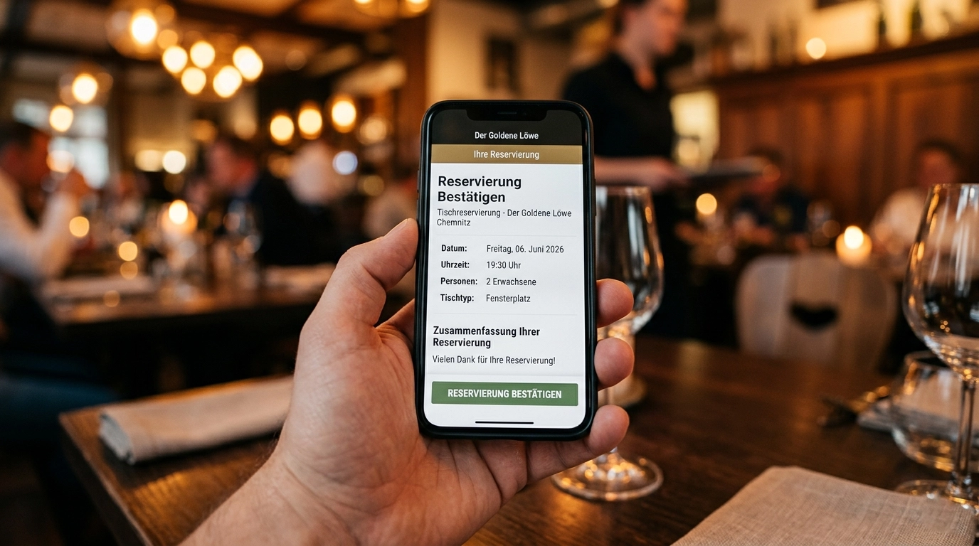 Nahaufnahme eines Smartphones mit ge&ouml;ffneter Tischreservierungsseite eines Restaurants