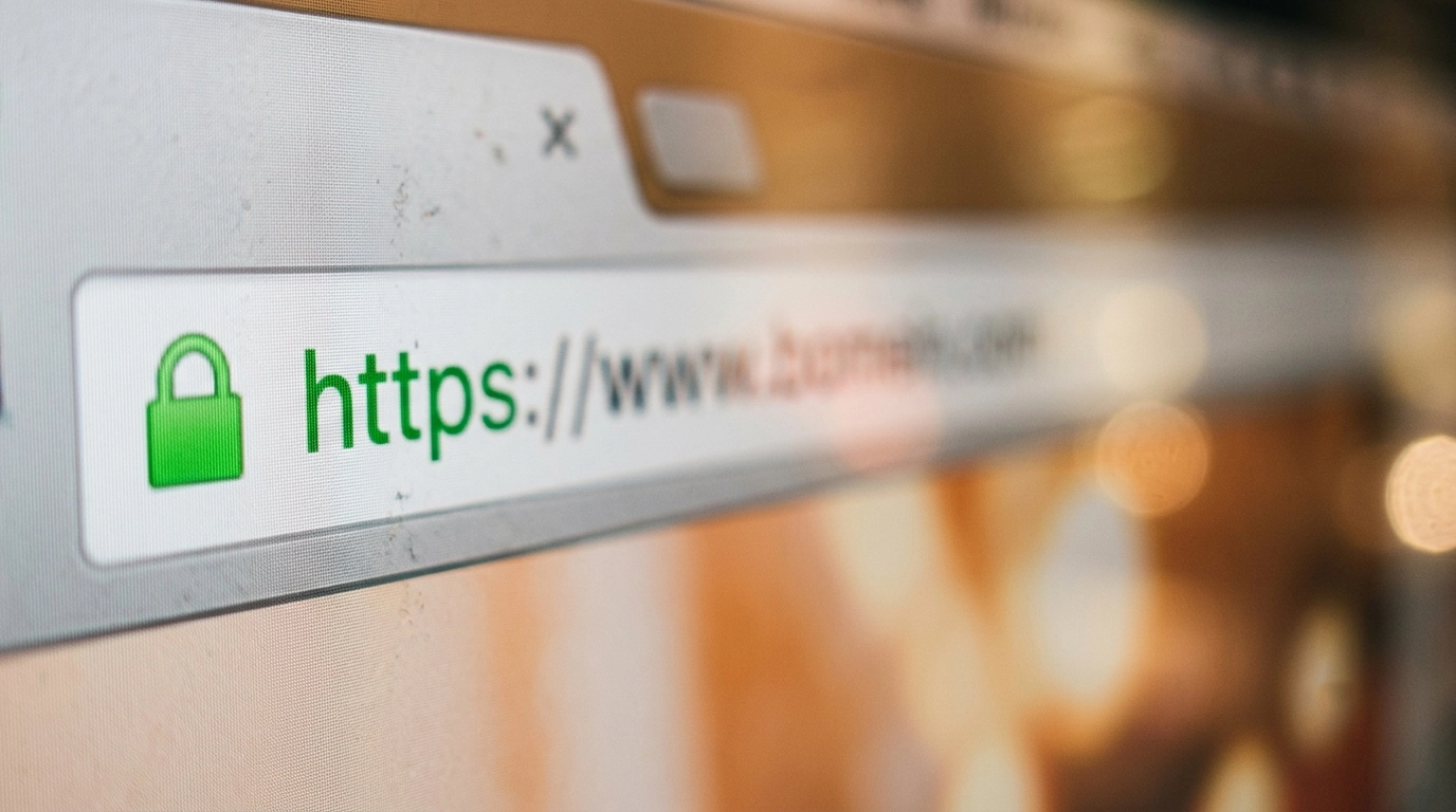 Nahaufnahme einer Browser-Adresszeile mit gr&uuml;nem Schloss-Symbol und https:// als Zeichen f&uuml;r eine gesicherte Verbindung