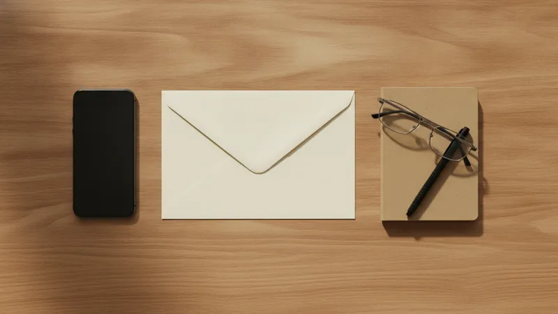 Briefumschlag neben Smartphone, Brille und Notizbuch auf einem Schreibtisch