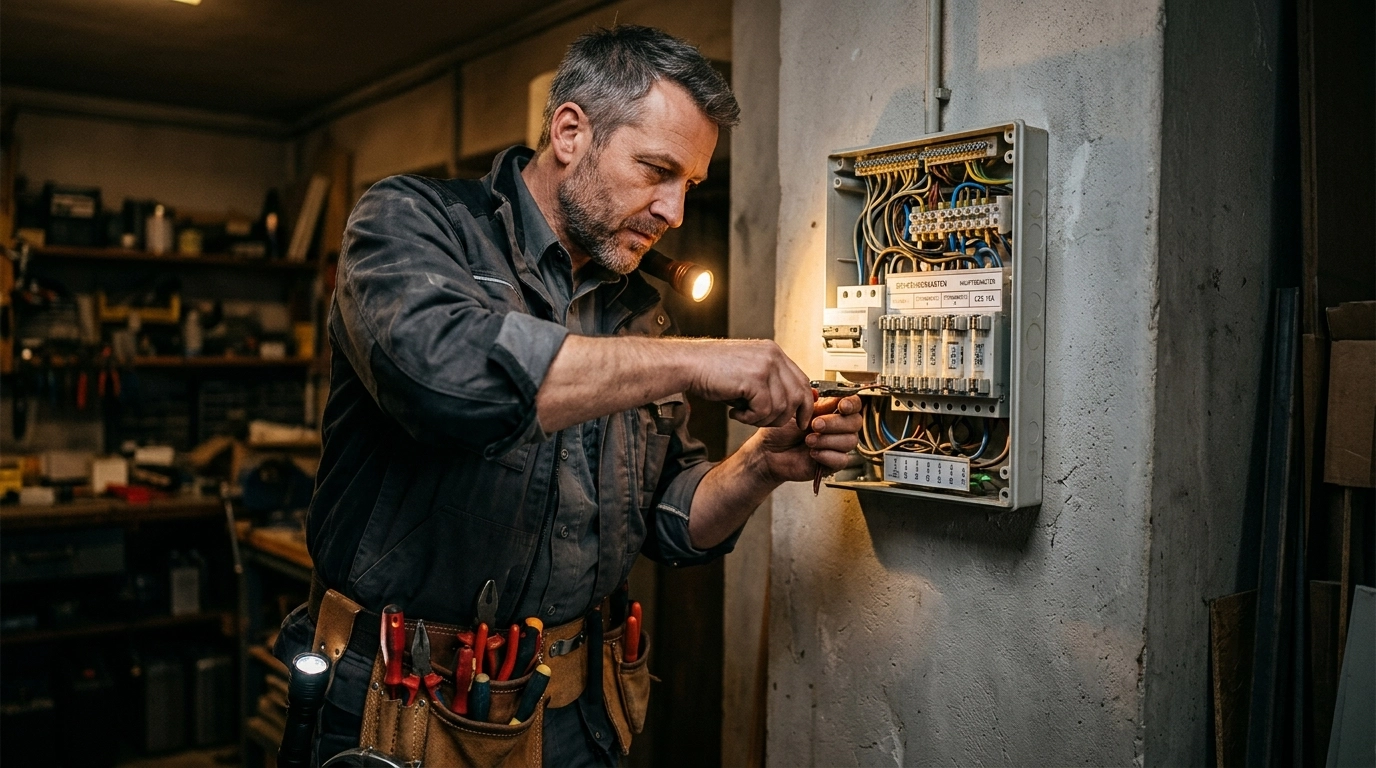 Elektriker arbeitet abends an einem Sicherungskasten, warmes Licht einer Taschenlampe