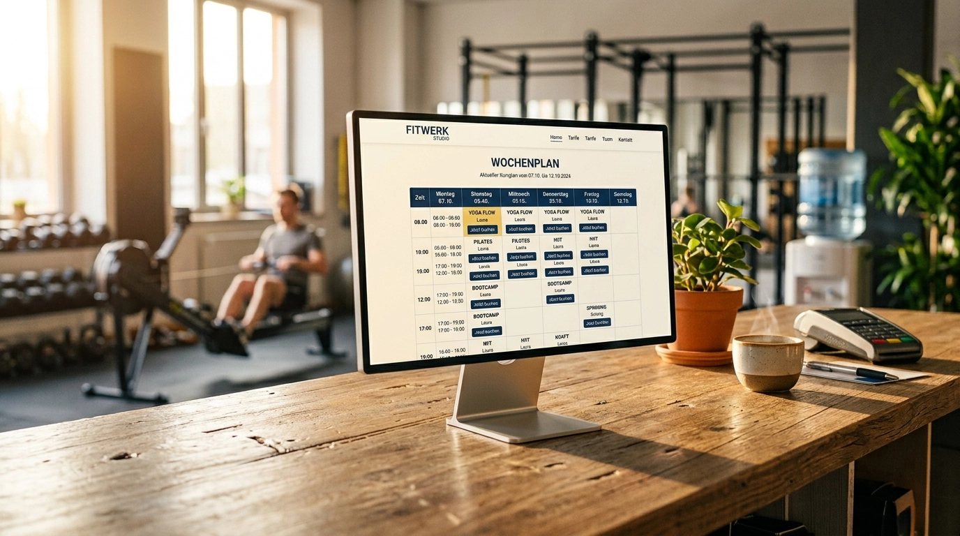 Moderne Fitnessstudio-Website mit Kursplan und Online-Anmeldung auf Laptop und Smartphone