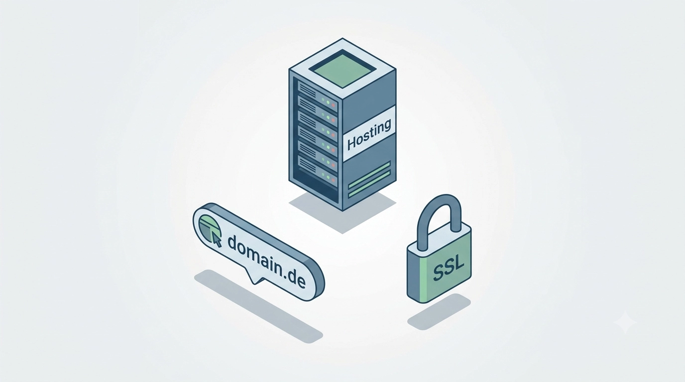 Isometrische Darstellung von Server, Domain-Adresse und Sicherheitsschloss als Symbole f&uuml;r Hosting, Domain und SSL
