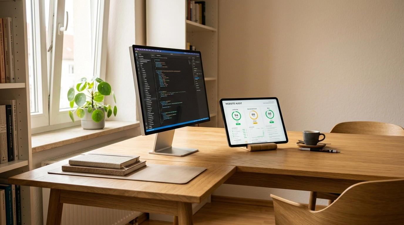 Laptop zeigt Google PageSpeed Insights Dashboard mit Ladezeit-Kennzahlen einer Website