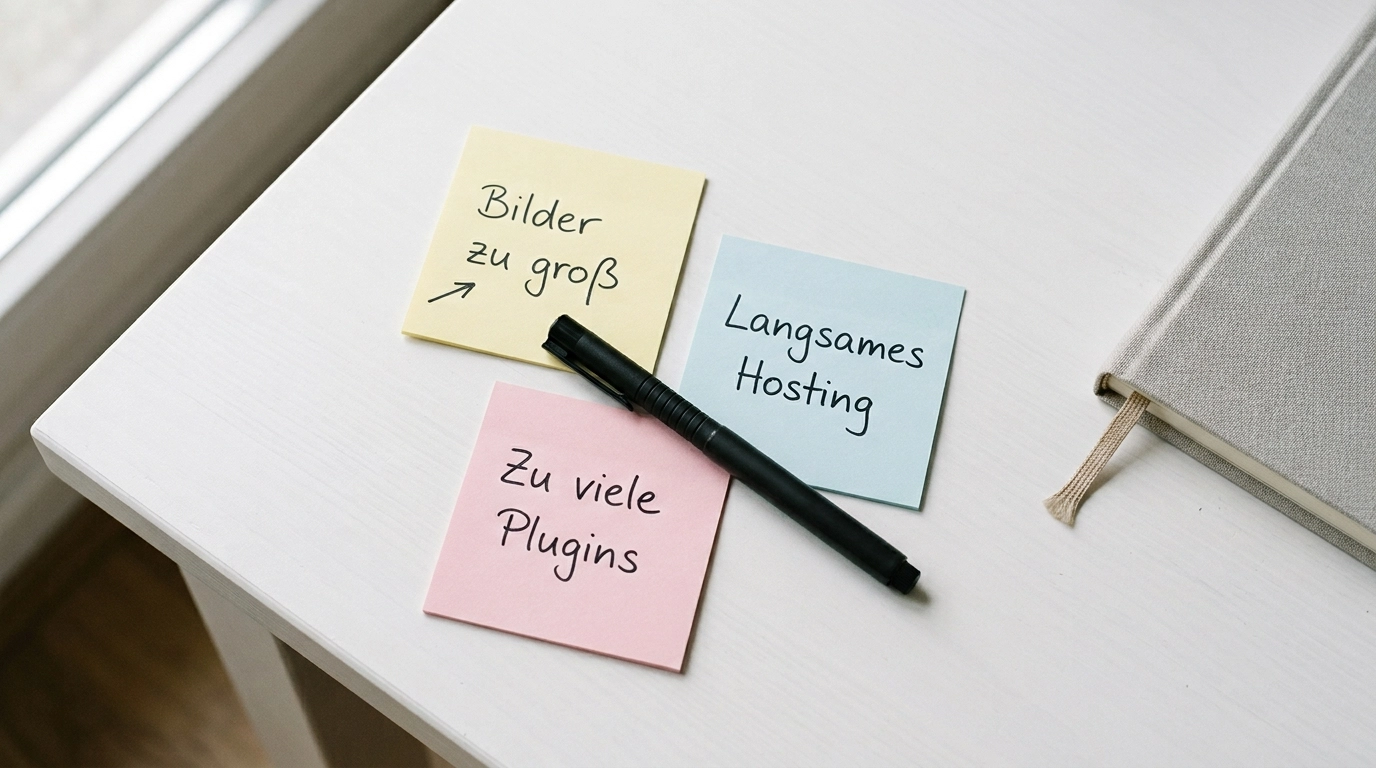 Flat-Lay: Notizbuch mit Skizzen zu Website-Ladezeit-Faktoren, daneben Smartphone und Laptop auf hellem Untergrund
