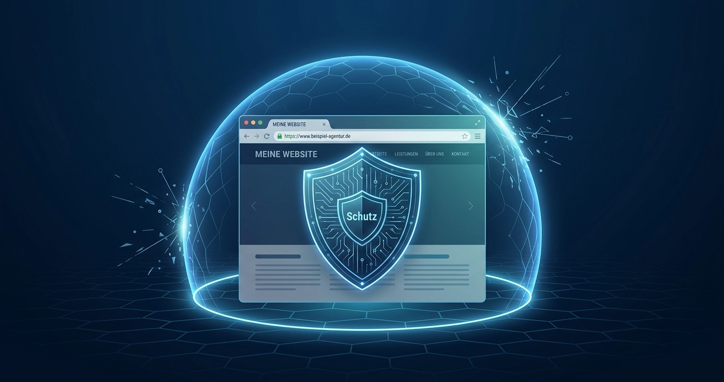 Schutzschild-Symbol vor einer Website als Sinnbild f&uuml;r Wartung und Sicherheit