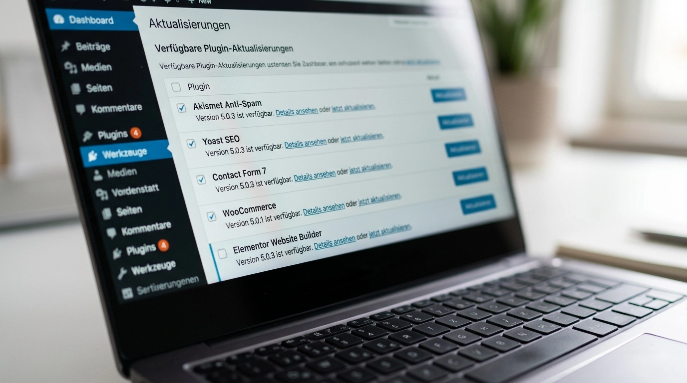 Nahaufnahme eines Laptop-Bildschirms mit ausstehenden Plugin-Updates im WordPress-Dashboard