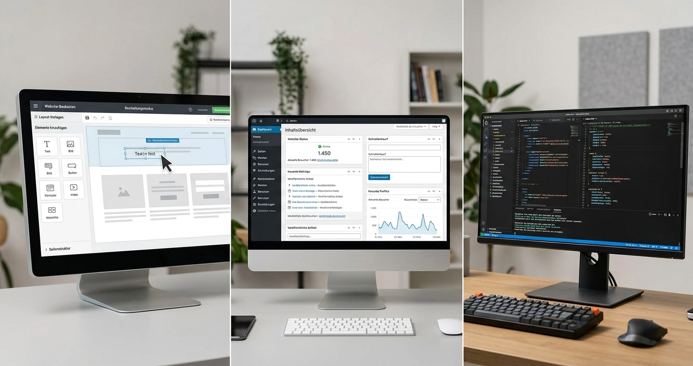 Split-Screen-Vergleich von WordPress, Baukastensystem und Individuall&ouml;sung