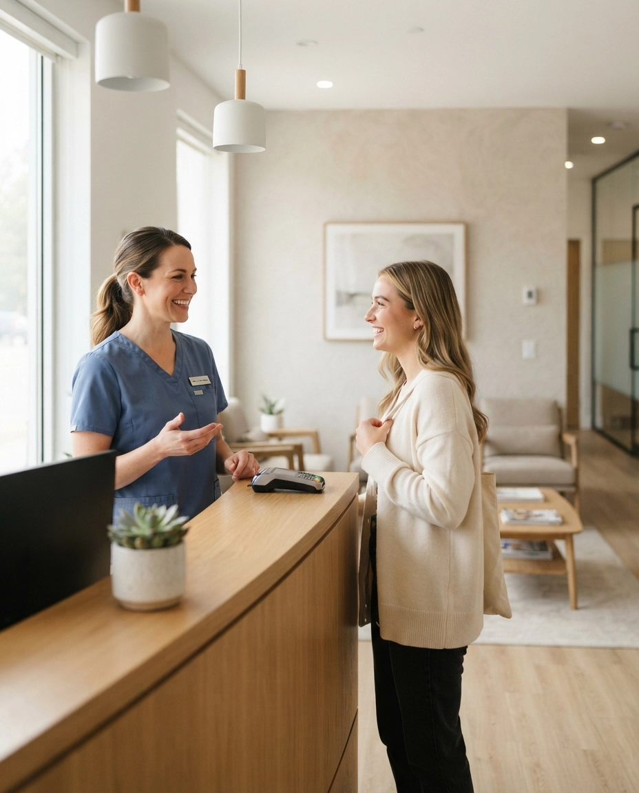 Zahn&auml;rztin begr&uuml;&szlig;t l&auml;chelnd eine Patientin am hellen Empfang einer modernen Zahnarztpraxis