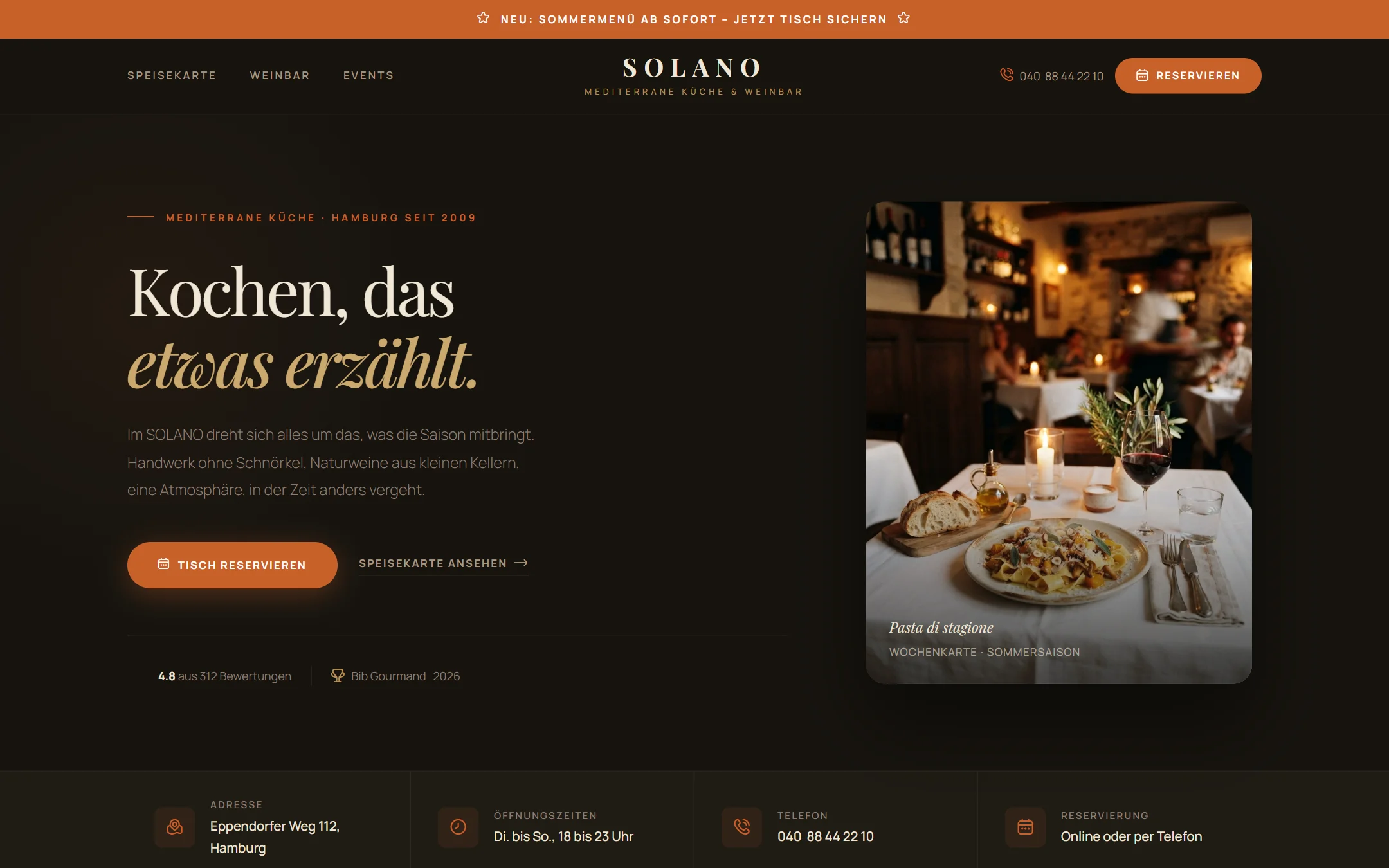 Website-Vorschau SOLANO Weinbar Hamburg, mediterranes Restaurant